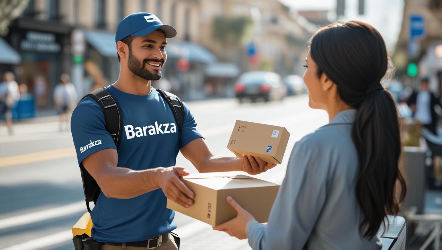 Courier service in uae wearing a blue "Barakza" t-shirt and cap handing over a package to a smiling customer outdoors, with both exchanging parcels on a sunny city street.